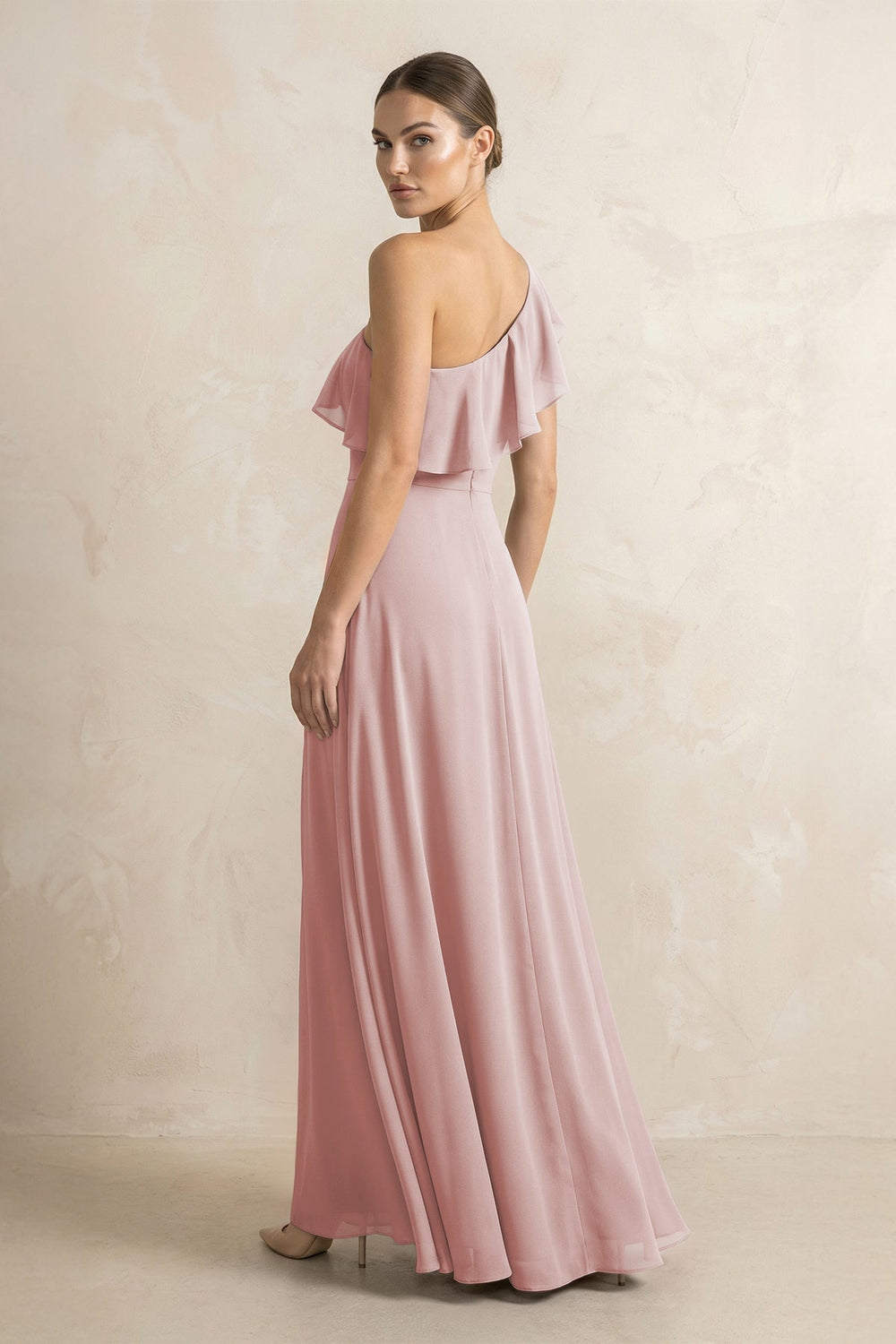 Ruffled One - Shoulder A - Line Chiffon Bridesmaid Dress in Dusty Rose - KISS BRIDAL Bridesmaid Dresses