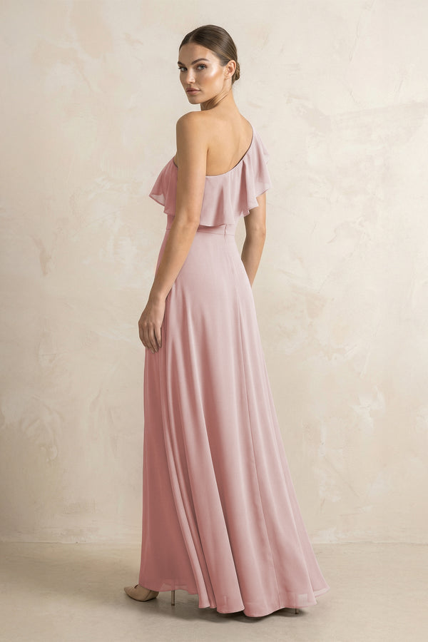 Ruffled One - Shoulder A - Line Chiffon Bridesmaid Dress in Dusty Rose - KISS BRIDAL Bridesmaid Dresses
