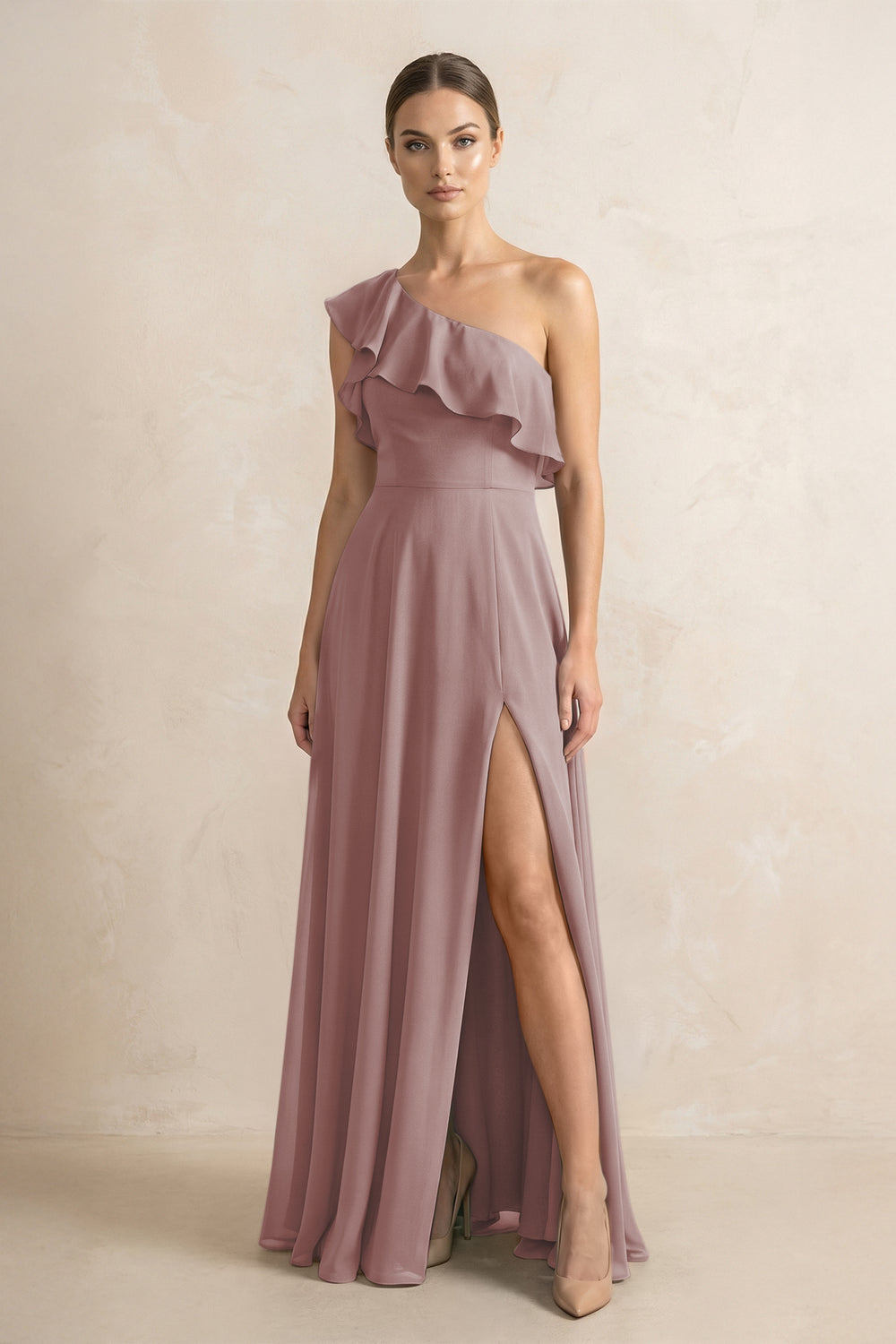 Ruffled One-Shoulder A-Line Chiffon Bridesmaid Dress in Dusty Rose