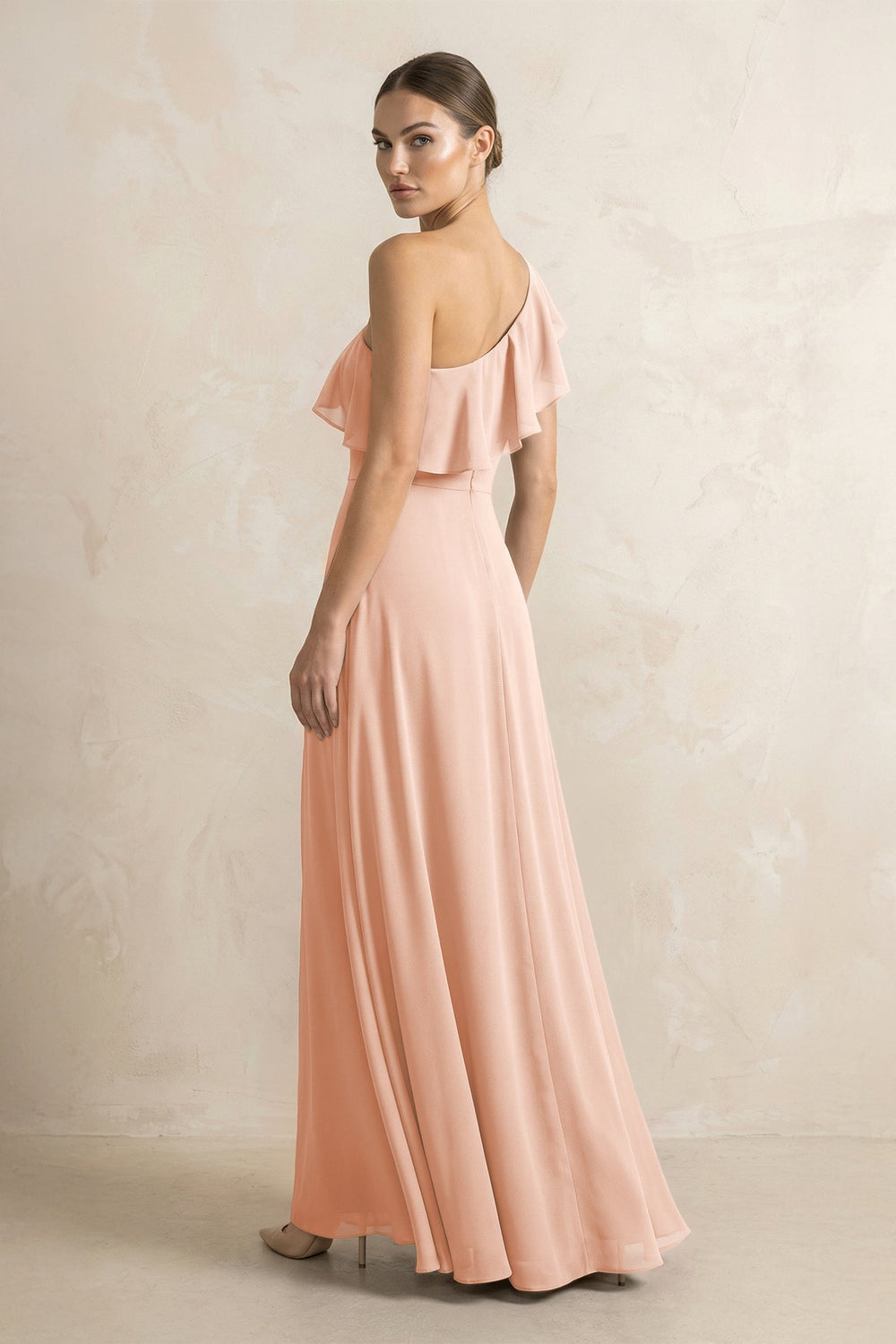 Ruffled One - Shoulder A - Line Chiffon Bridesmaid Dress in English Rose - KISS BRIDAL Bridesmaid Dresses