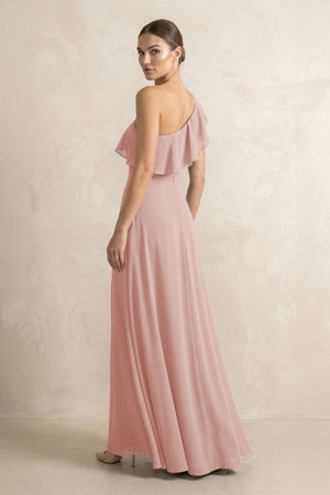 Ruffled One-Shoulder A-Line Chiffon Bridesmaid Dress in English Rose (2) | KISSBRIDAL