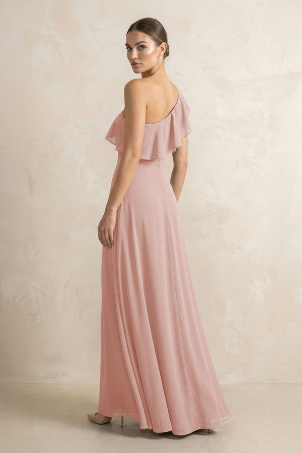 Ruffled One-Shoulder A-Line Chiffon Bridesmaid Dress in English Rose (2) | KISSBRIDAL