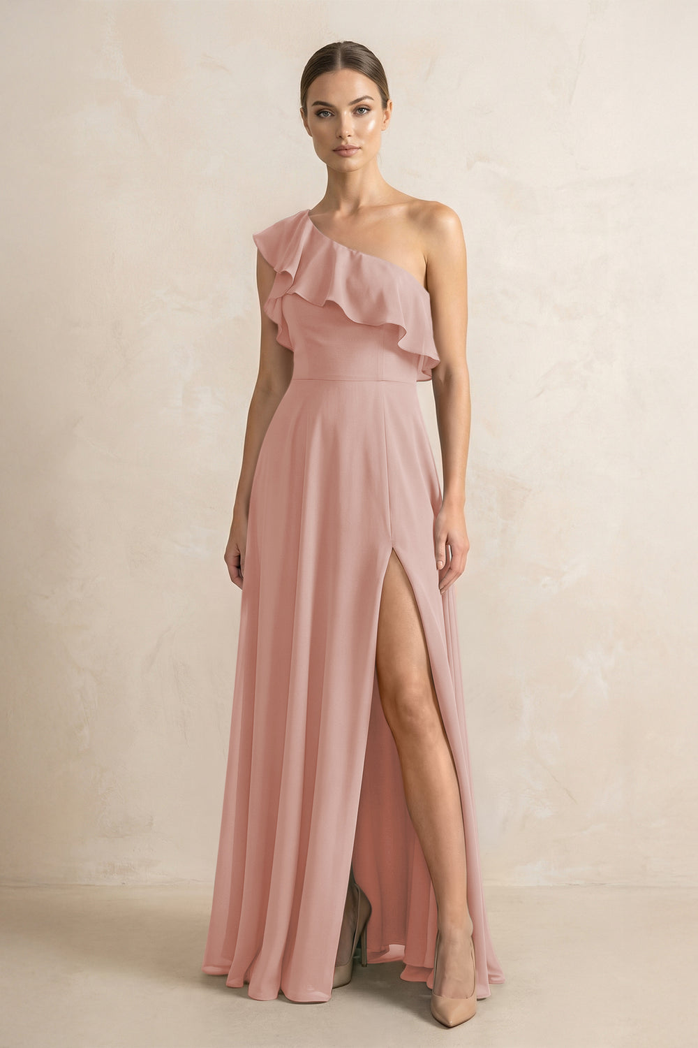Ruffled One-Shoulder A-Line Chiffon Bridesmaid Dress in English Rose