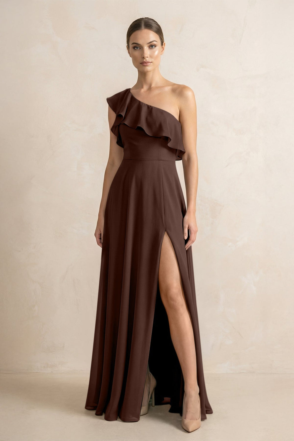 Ruffled One - Shoulder A - Line Chiffon Bridesmaid Dress in Espresso - KISS BRIDAL Bridesmaid Dresses