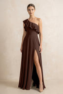 Ruffled One - Shoulder A - Line Chiffon Bridesmaid Dress in Espresso - KISS BRIDAL Bridesmaid Dresses
