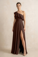 Ruffled One - Shoulder A - Line Chiffon Bridesmaid Dress in Espresso - KISS BRIDAL Bridesmaid Dresses
