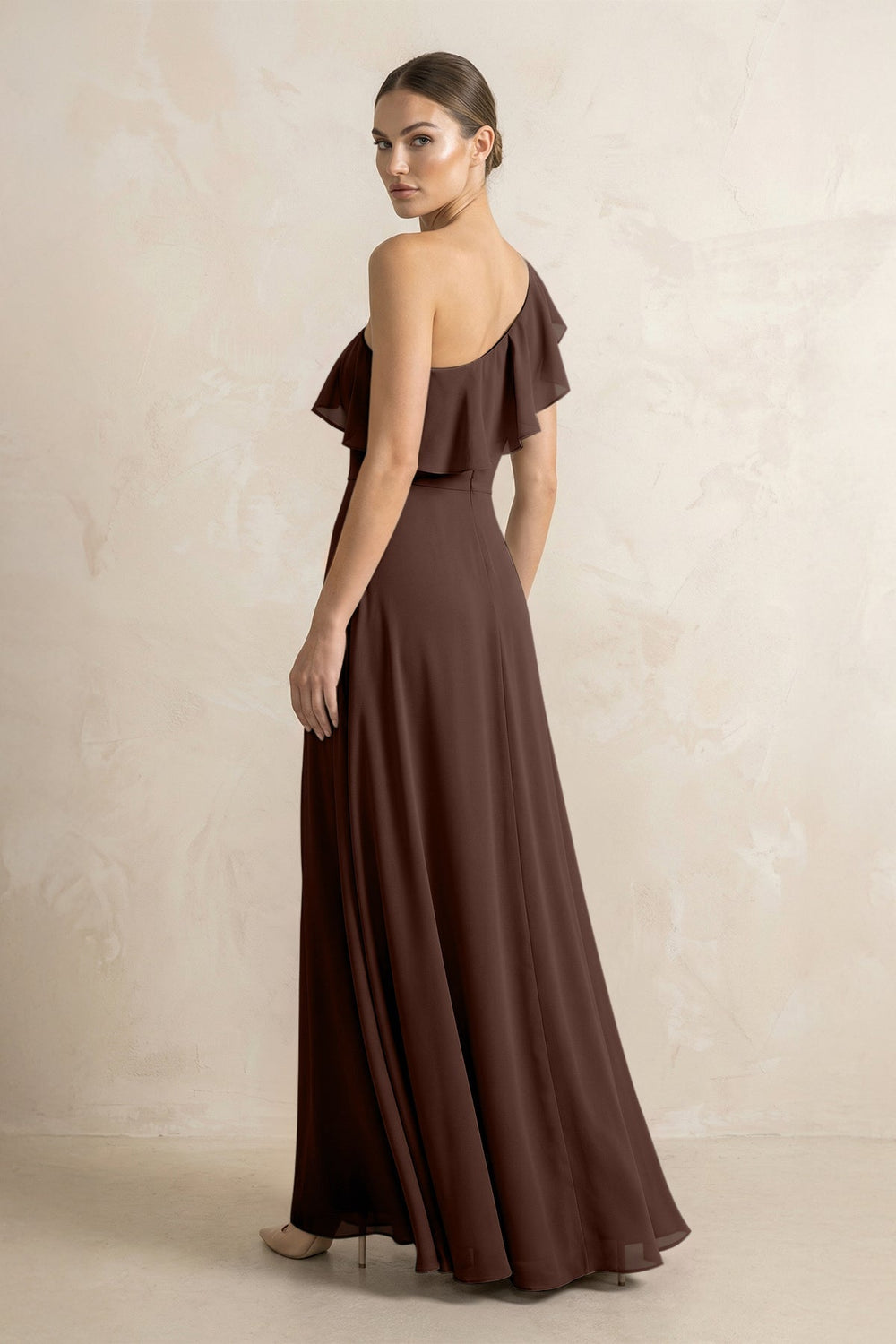 Ruffled One - Shoulder A - Line Chiffon Bridesmaid Dress in Espresso - KISS BRIDAL Bridesmaid Dresses