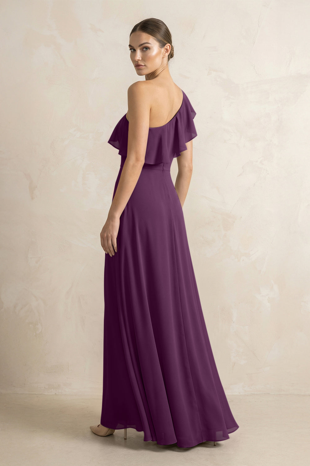 Ruffled One-Shoulder A-Line Chiffon Bridesmaid Dress in Fig