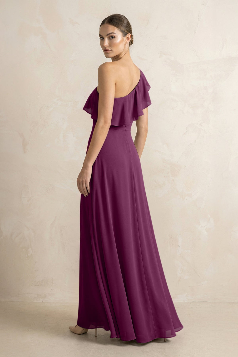 Ruffled One - Shoulder A - Line Chiffon Bridesmaid Dress in Fig - KISS BRIDAL Bridesmaid Dresses