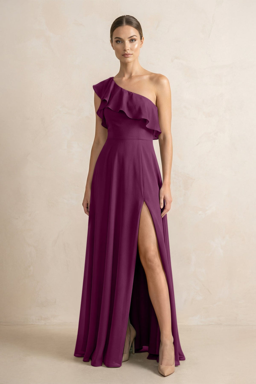 Ruffled One - Shoulder A - Line Chiffon Bridesmaid Dress in Fig - KISS BRIDAL Bridesmaid Dresses