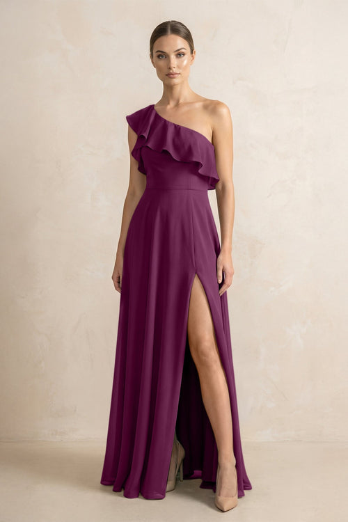 Ruffled One - Shoulder A - Line Chiffon Bridesmaid Dress in Fig - SHE IS ME Bridesmaid Dresses