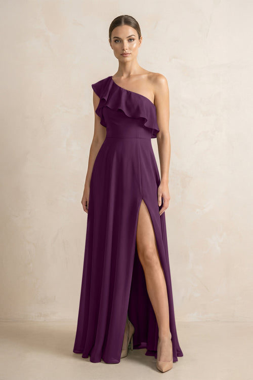 Ruffled One-Shoulder A-Line Chiffon Bridesmaid Dress in Fig | KISSBRIDAL