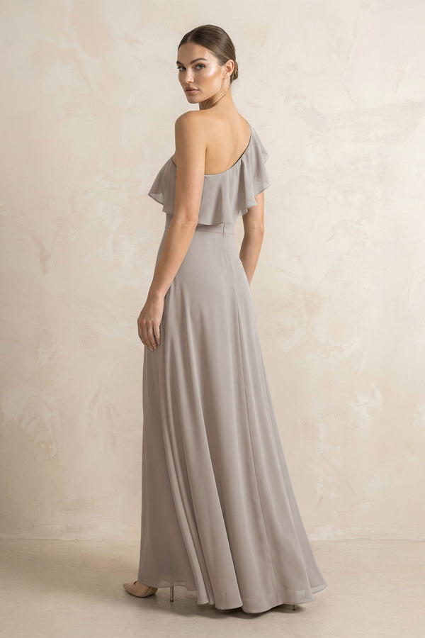 Ruffled One-Shoulder A-Line Chiffon Bridesmaid Dress in Frost (2) | KISSBRIDAL