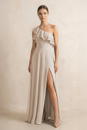 Ruffled One - Shoulder A - Line Chiffon Bridesmaid Dress in Frost - KISS BRIDAL Bridesmaid Dresses