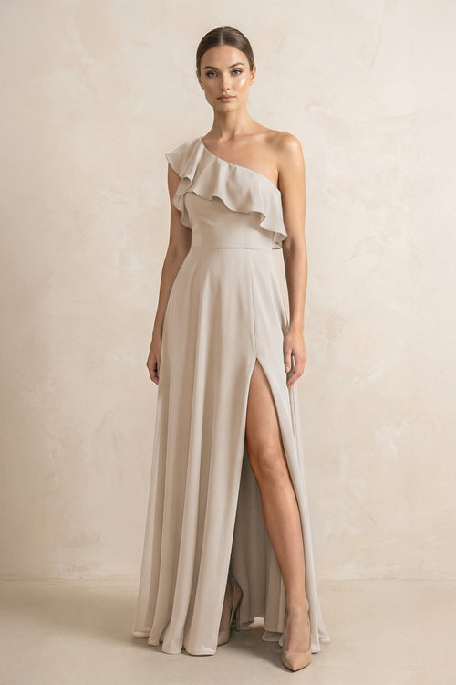 Ruffled One - Shoulder A - Line Chiffon Bridesmaid Dress in Frost - KISS BRIDAL Bridesmaid Dresses