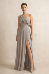 Ruffled One-Shoulder A-Line Chiffon Bridesmaid Dress in Frost | KISSBRIDAL