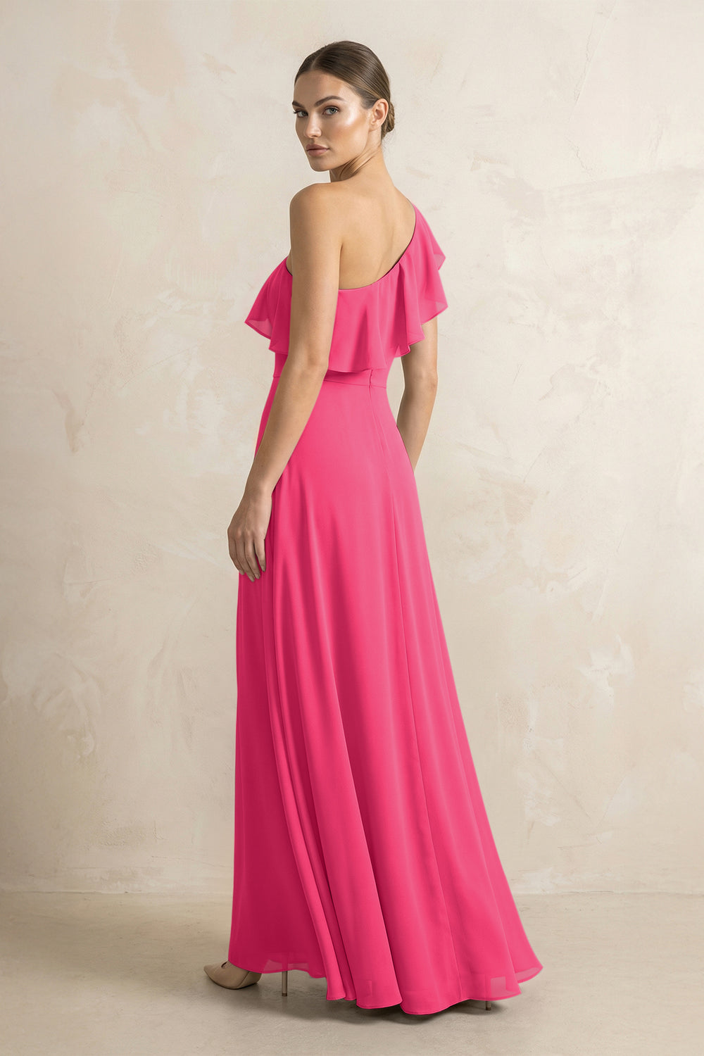 Ruffled One-Shoulder A-Line Chiffon Bridesmaid Dress in Fuchsia