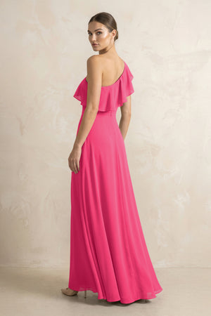 Ruffled One-Shoulder A-Line Chiffon Bridesmaid Dress in Fuchsia (2) | KISSBRIDAL