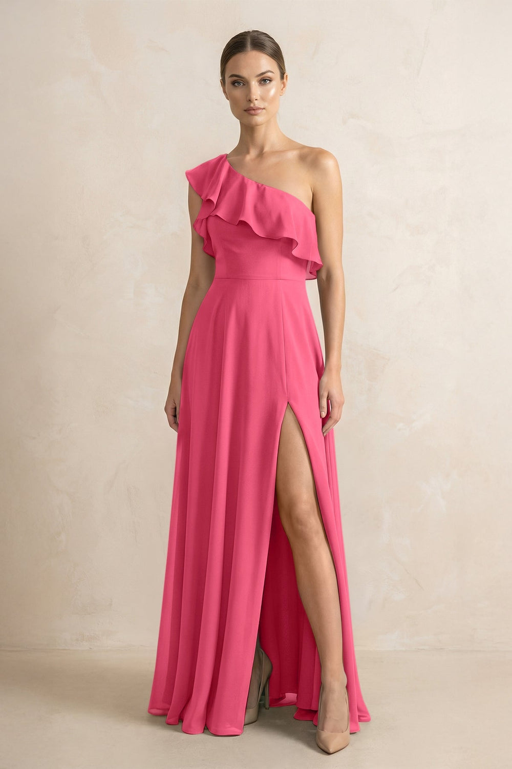 Ruffled One - Shoulder A - Line Chiffon Bridesmaid Dress in Fuchsia - KISS BRIDAL Bridesmaid Dresses
