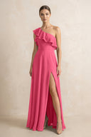 Ruffled One - Shoulder A - Line Chiffon Bridesmaid Dress in Fuchsia - KISS BRIDAL Bridesmaid Dresses