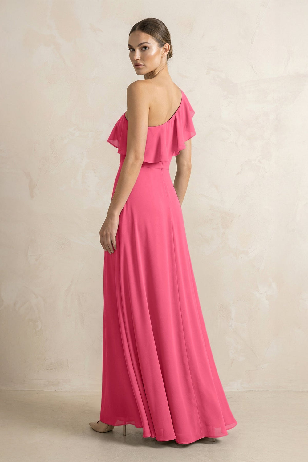 Ruffled One - Shoulder A - Line Chiffon Bridesmaid Dress in Fuchsia - KISS BRIDAL Bridesmaid Dresses
