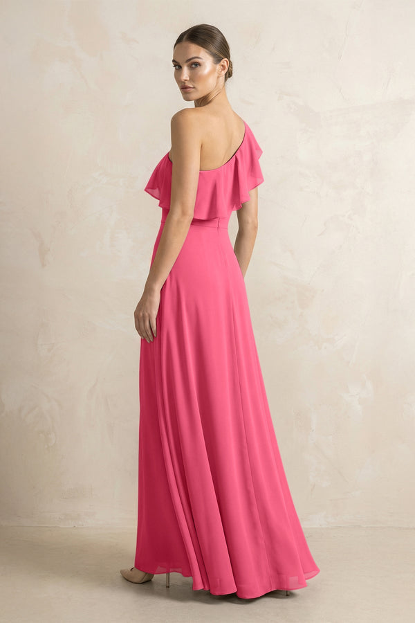 Ruffled One - Shoulder A - Line Chiffon Bridesmaid Dress in Fuchsia - KISS BRIDAL Bridesmaid Dresses