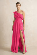 Ruffled One-Shoulder A-Line Chiffon Bridesmaid Dress in Fuchsia | KISSBRIDAL