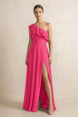 Ruffled One-Shoulder A-Line Chiffon Bridesmaid Dress in Fuchsia | KISSBRIDAL