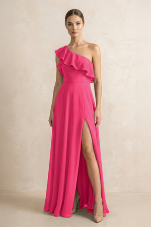 Ruffled One-Shoulder A-Line Chiffon Bridesmaid Dress in Fuchsia | KISSBRIDAL