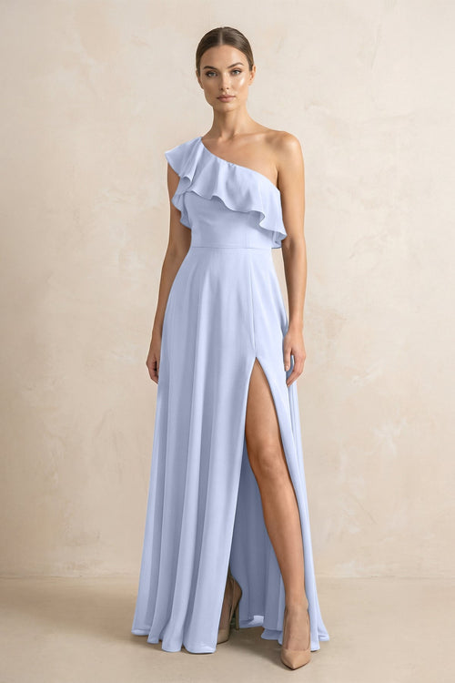 Ruffled One - Shoulder A - Line Chiffon Bridesmaid Dress in Ice - SHE IS ME Bridesmaid Dresses