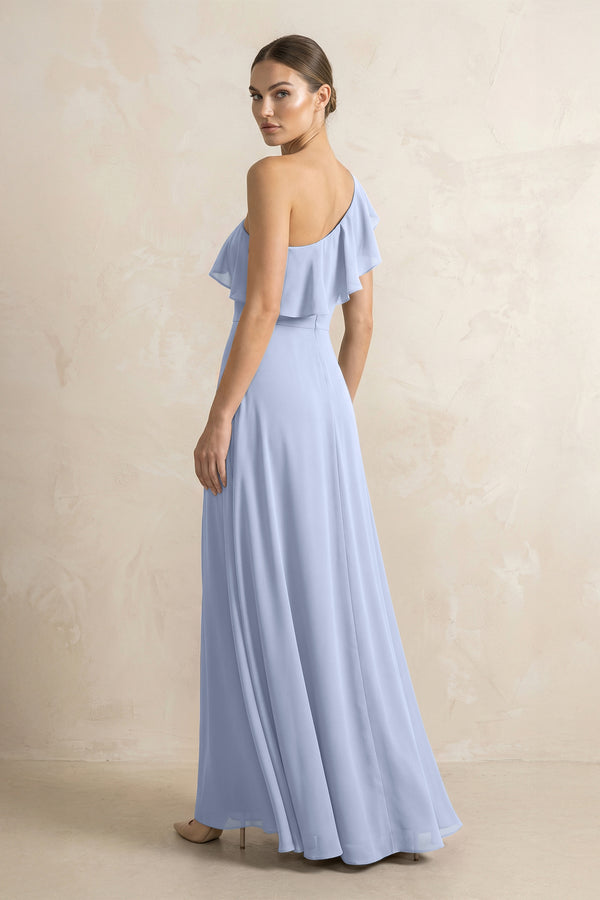 Ruffled One-Shoulder A-Line Chiffon Bridesmaid Dress in Ice (2) | KISSBRIDAL
