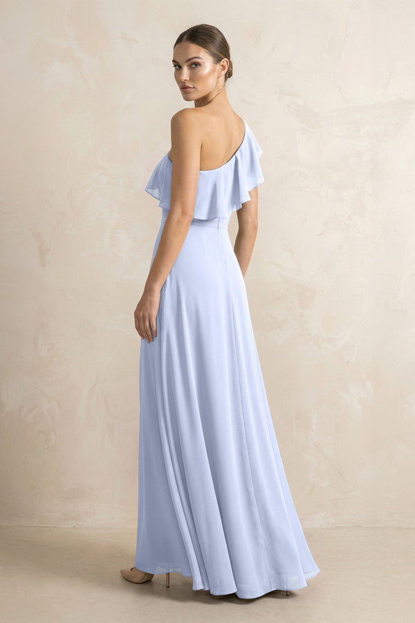 Ruffled One - Shoulder A - Line Chiffon Bridesmaid Dress in Ice - SHE IS ME Bridesmaid Dresses