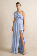 Ruffled One-Shoulder A-Line Chiffon Bridesmaid Dress in Ice | KISSBRIDAL