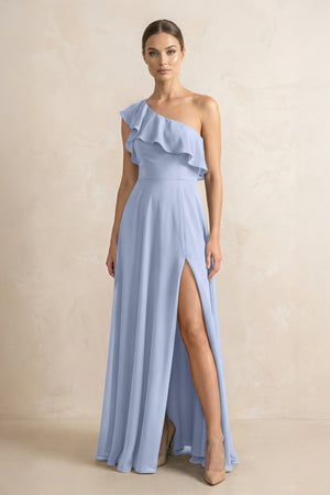 Ruffled One-Shoulder A-Line Chiffon Bridesmaid Dress in Ice | KISSBRIDAL