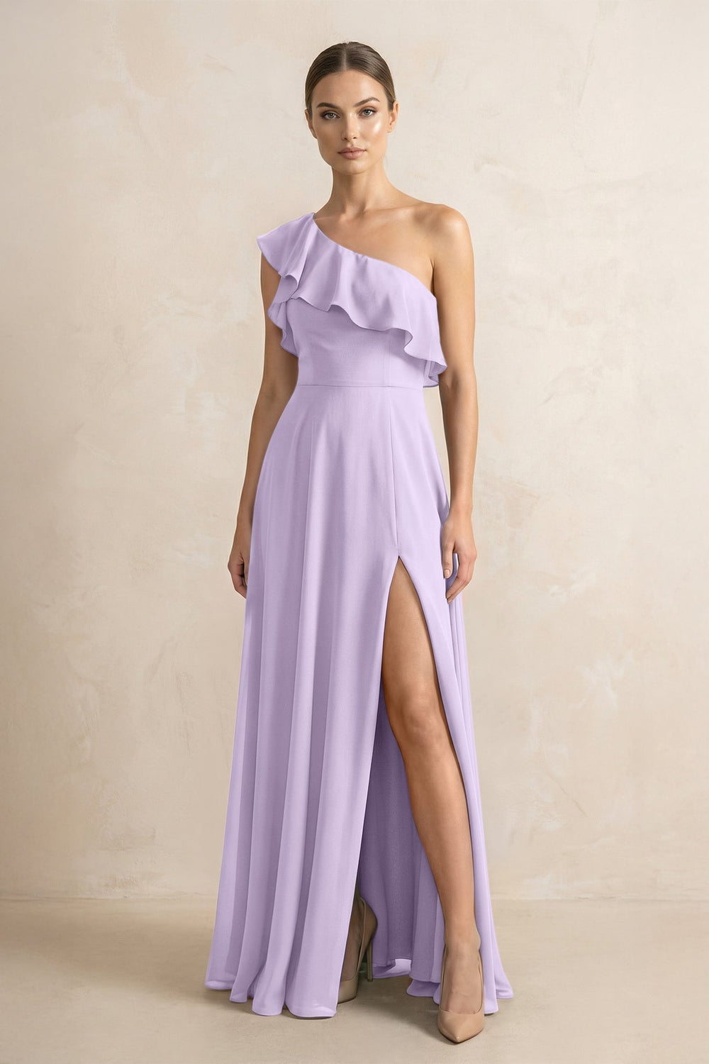 Ruffled One - Shoulder A - Line Chiffon Bridesmaid Dress in Lavender - KISS BRIDAL Bridesmaid Dresses
