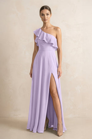 Ruffled One - Shoulder A - Line Chiffon Bridesmaid Dress in Lavender - KISS BRIDAL Bridesmaid Dresses