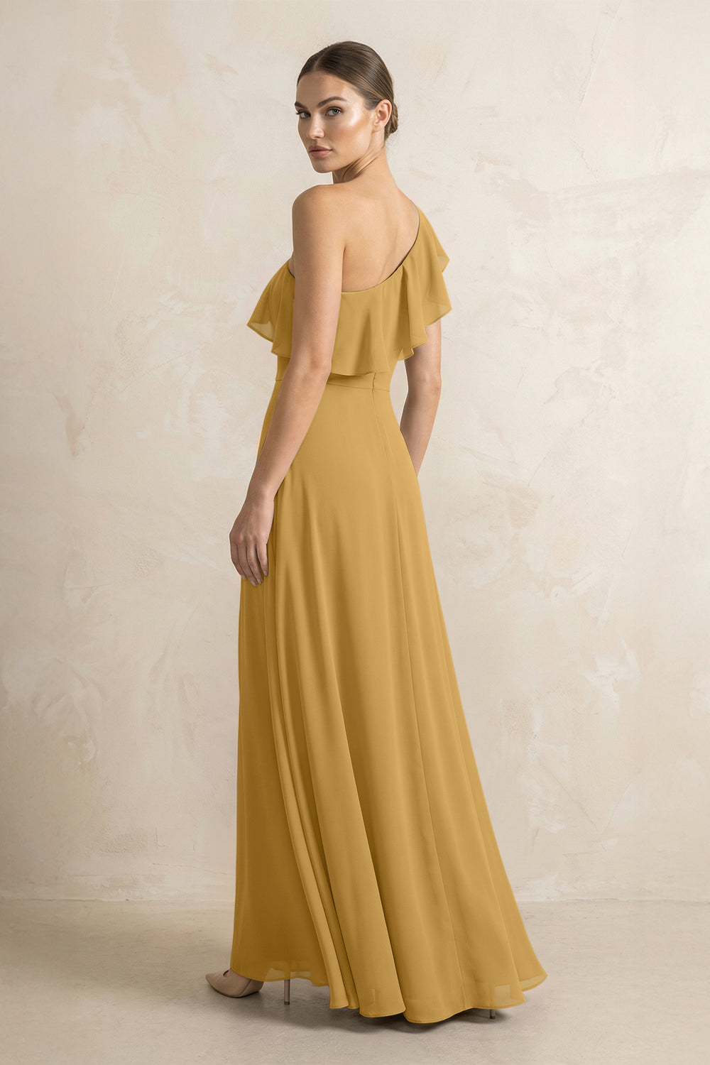 Ruffled One-Shoulder A-Line Chiffon Bridesmaid Dress in Marigold