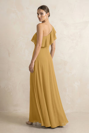 Ruffled One-Shoulder A-Line Chiffon Bridesmaid Dress in Marigold (2) | KISSBRIDAL