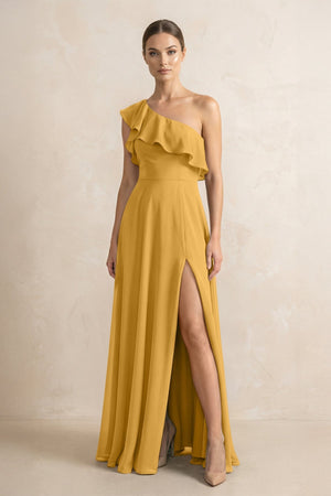 Ruffled One - Shoulder A - Line Chiffon Bridesmaid Dress in Marigold - KISS BRIDAL Bridesmaid Dresses