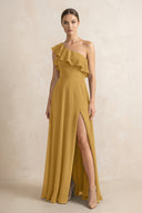 Ruffled One-Shoulder A-Line Chiffon Bridesmaid Dress in Marigold | KISSBRIDAL