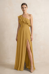 Ruffled One-Shoulder A-Line Chiffon Bridesmaid Dress in Marigold | KISSBRIDAL