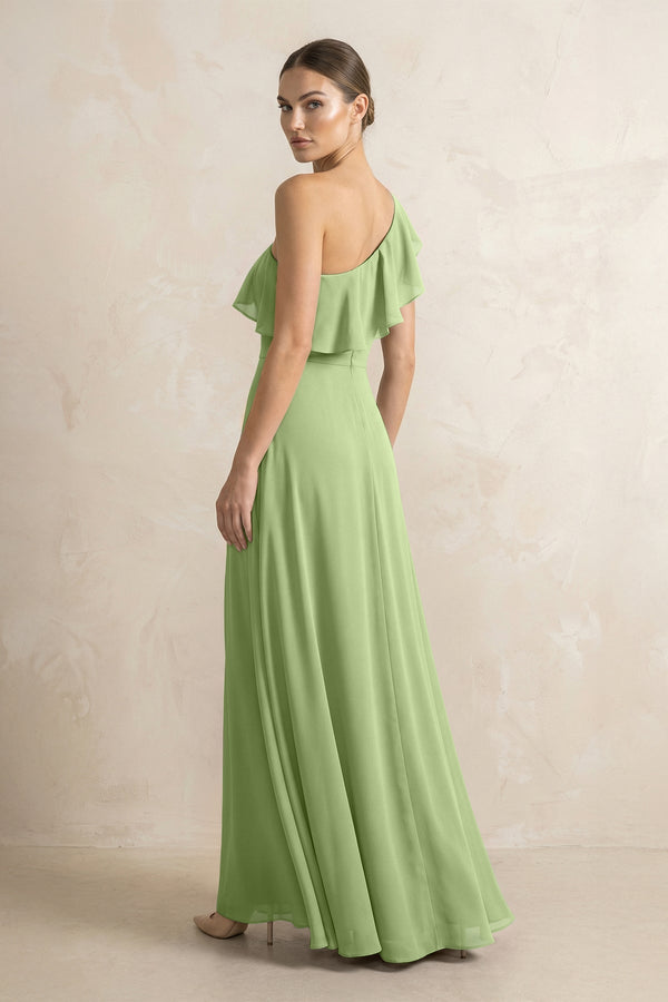 Ruffled One - Shoulder A - Line Chiffon Bridesmaid Dress in Matcha - SHE IS ME Bridesmaid Dresses