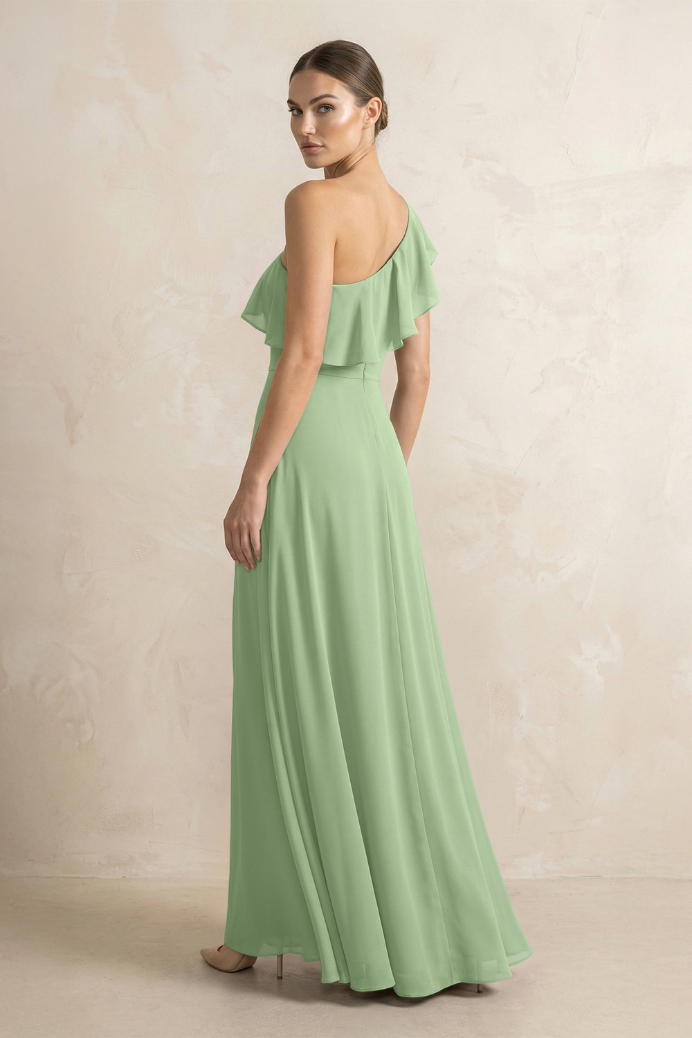 Ruffled One-Shoulder A-Line Chiffon Bridesmaid Dress in Matcha