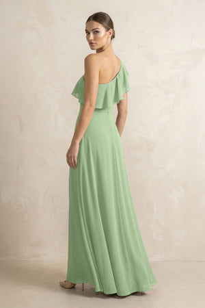Ruffled One-Shoulder A-Line Chiffon Bridesmaid Dress in Matcha (2) | KISSBRIDAL