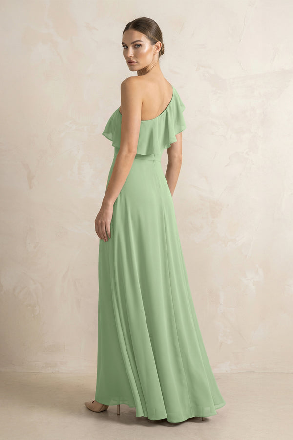 Ruffled One-Shoulder A-Line Chiffon Bridesmaid Dress in Matcha (2) | KISSBRIDAL