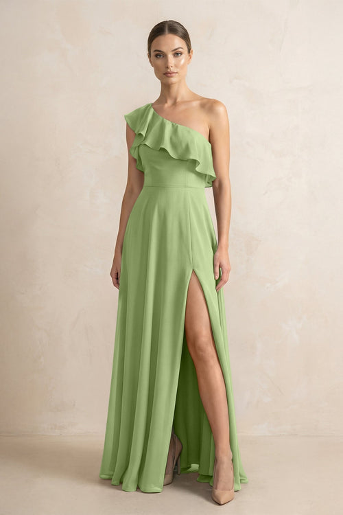 Ruffled One - Shoulder A - Line Chiffon Bridesmaid Dress in Matcha - SHE IS ME Bridesmaid Dresses