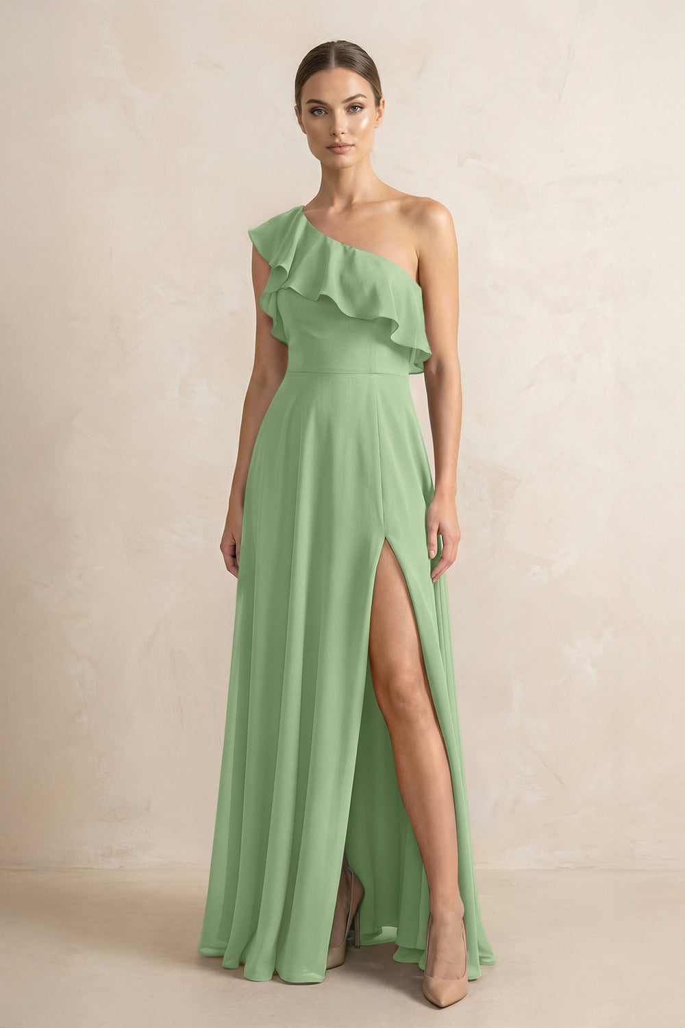 Ruffled One-Shoulder A-Line Chiffon Bridesmaid Dress in Matcha