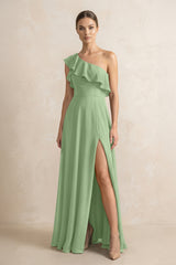Ruffled One-Shoulder A-Line Chiffon Bridesmaid Dress in Matcha | KISSBRIDAL