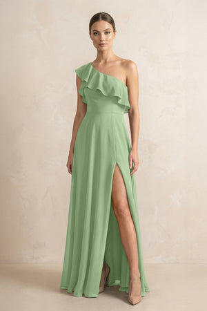 Ruffled One-Shoulder A-Line Chiffon Bridesmaid Dress in Matcha | KISSBRIDAL