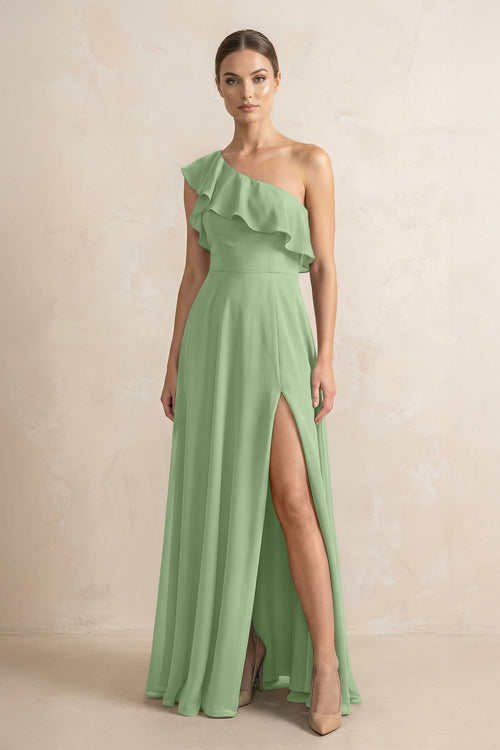 Ruffled One-Shoulder A-Line Chiffon Bridesmaid Dress in Matcha | KISSBRIDAL